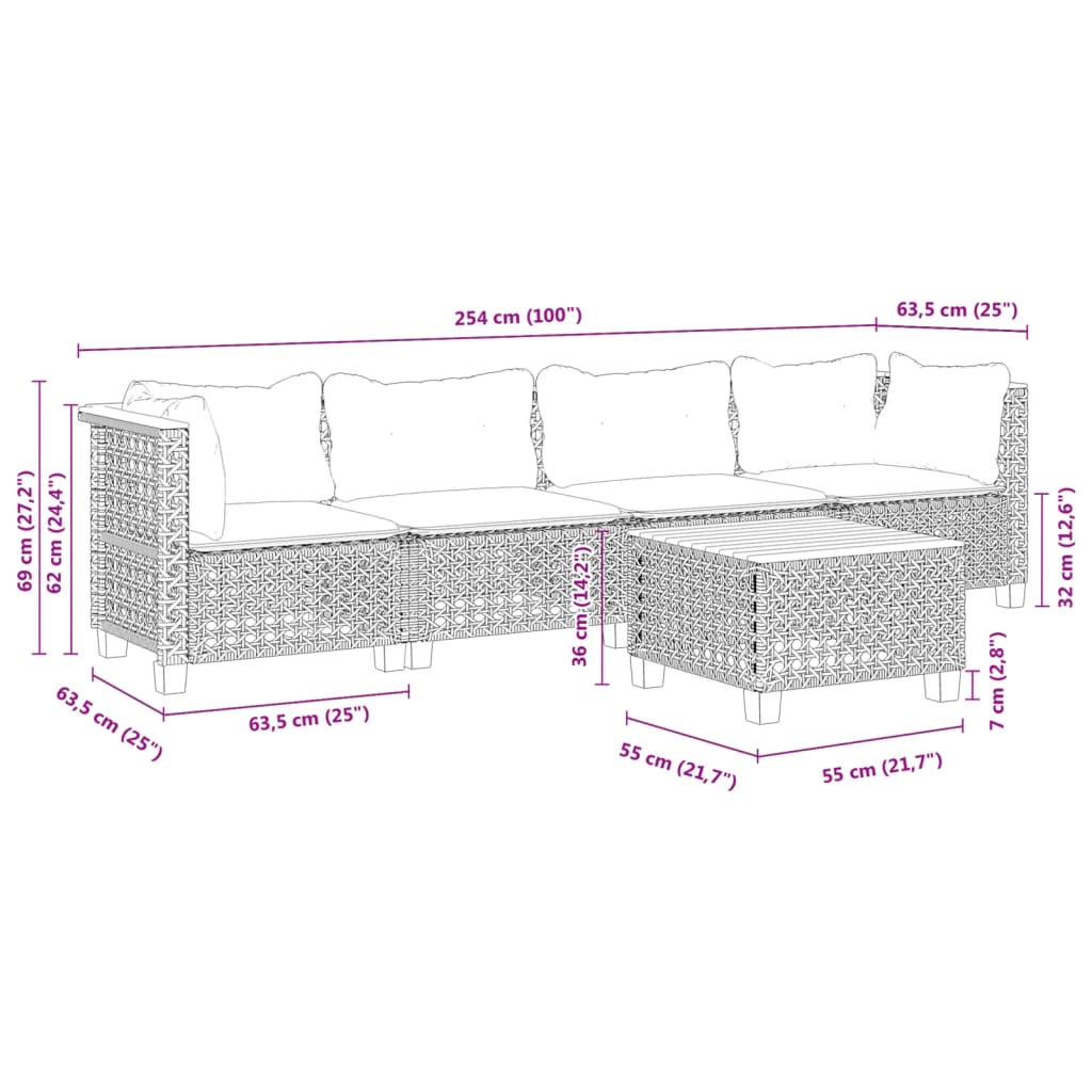 Set Divani da Giardino 5 pz con Cuscini in Polyrattan Nero - homemem39