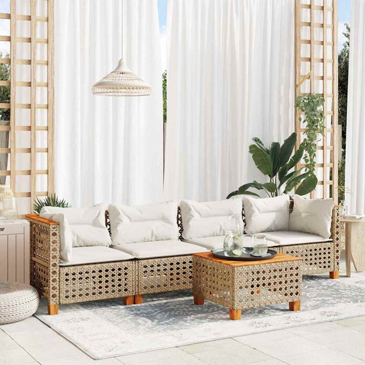 Set Divano da Giardino 5 pz con Cuscini Beige in Polyrattan