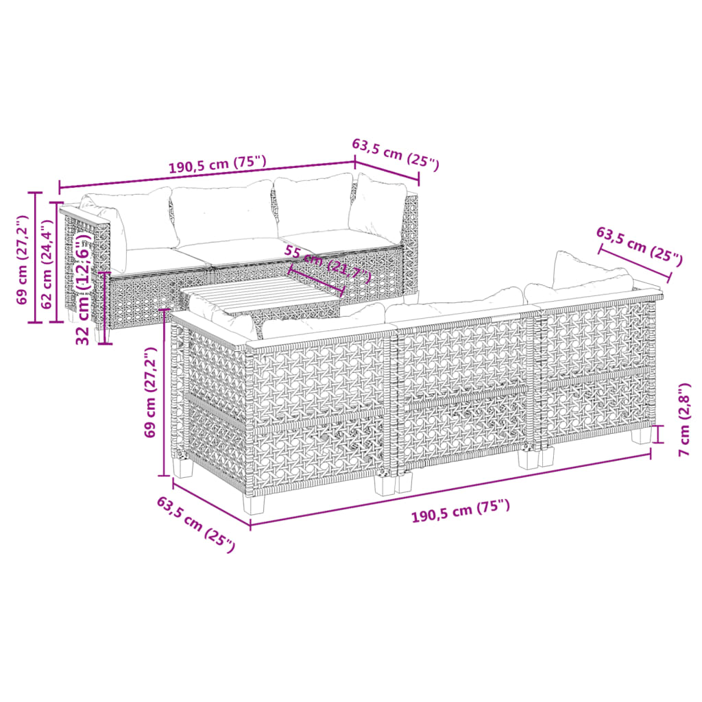 Set Divani da Giardino con Cuscini 7pz Nero Polyrattan | homemem39