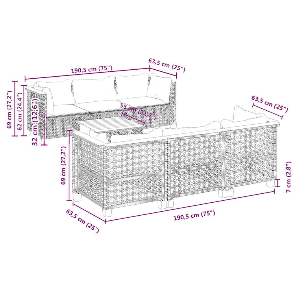 Set Divani da Giardino 7 pz con Cuscini Beige in Polyrattan | homemem39