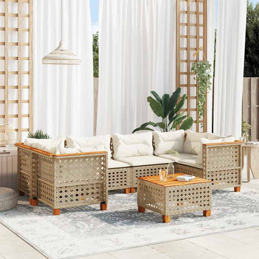 Set Divani da Giardino 7 pz con Cuscini Beige in Polyrattan