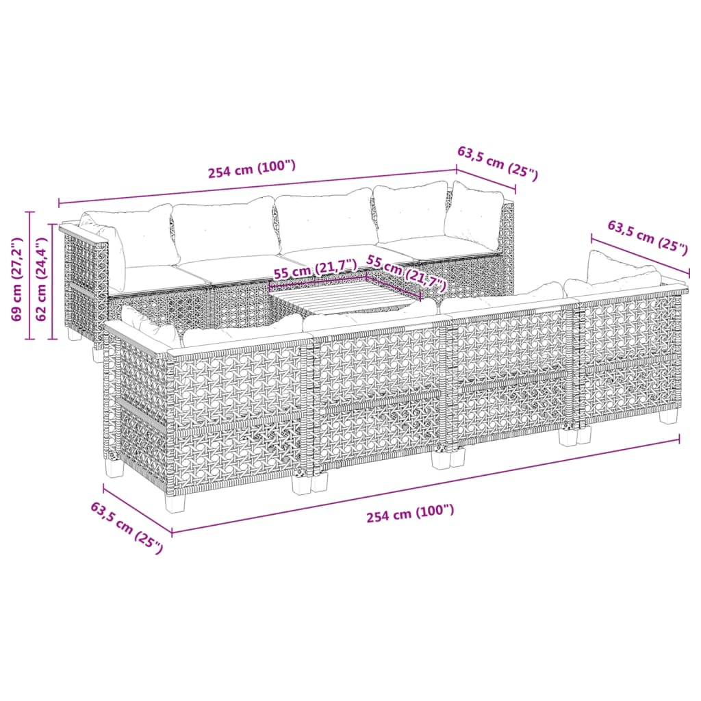 Set Divani da Giardino 9 pz con Cuscini Nero in Polyrattan | homemem39