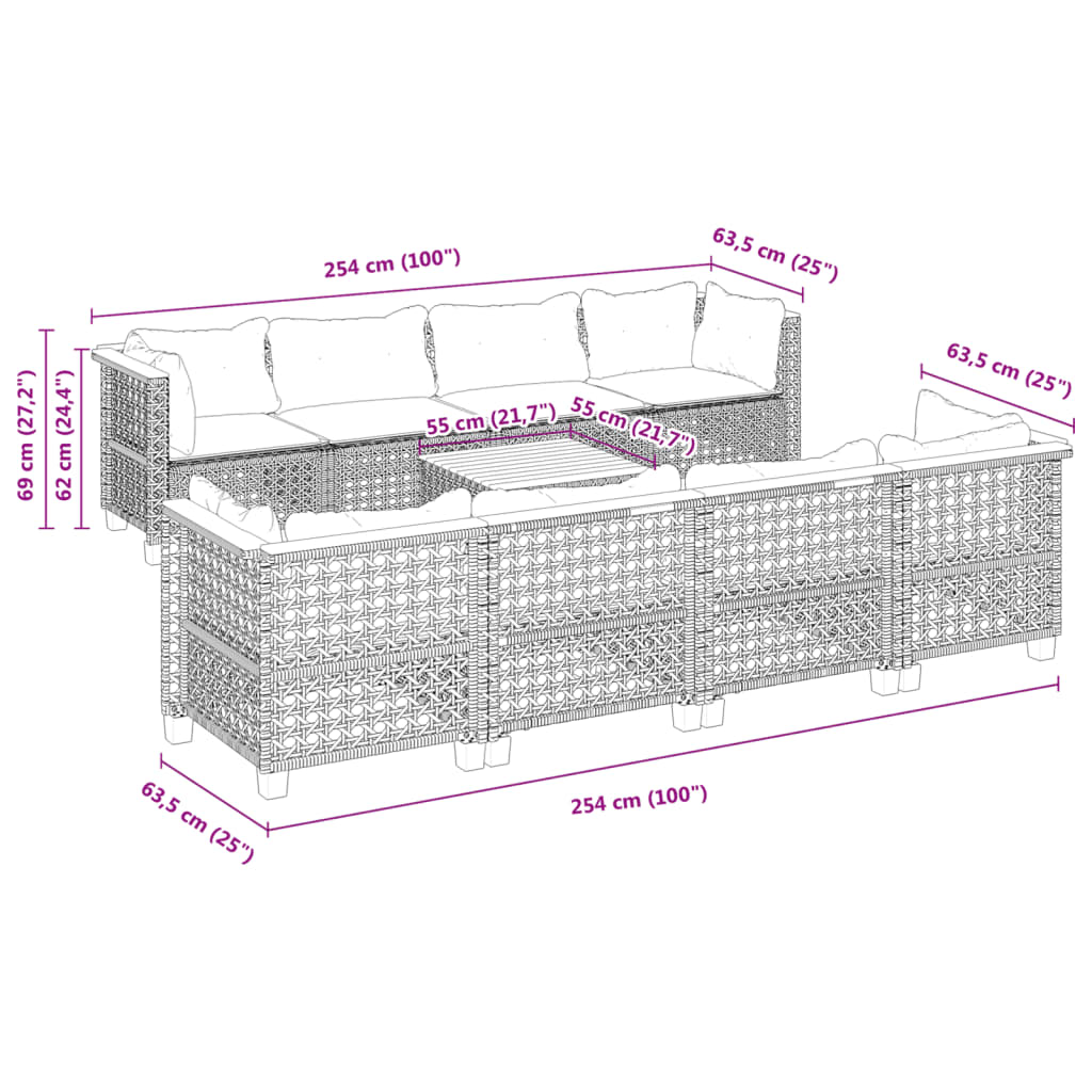 Set Divano da Giardino 9 pz con Cuscini Grigio in Polyrattan | homemem39