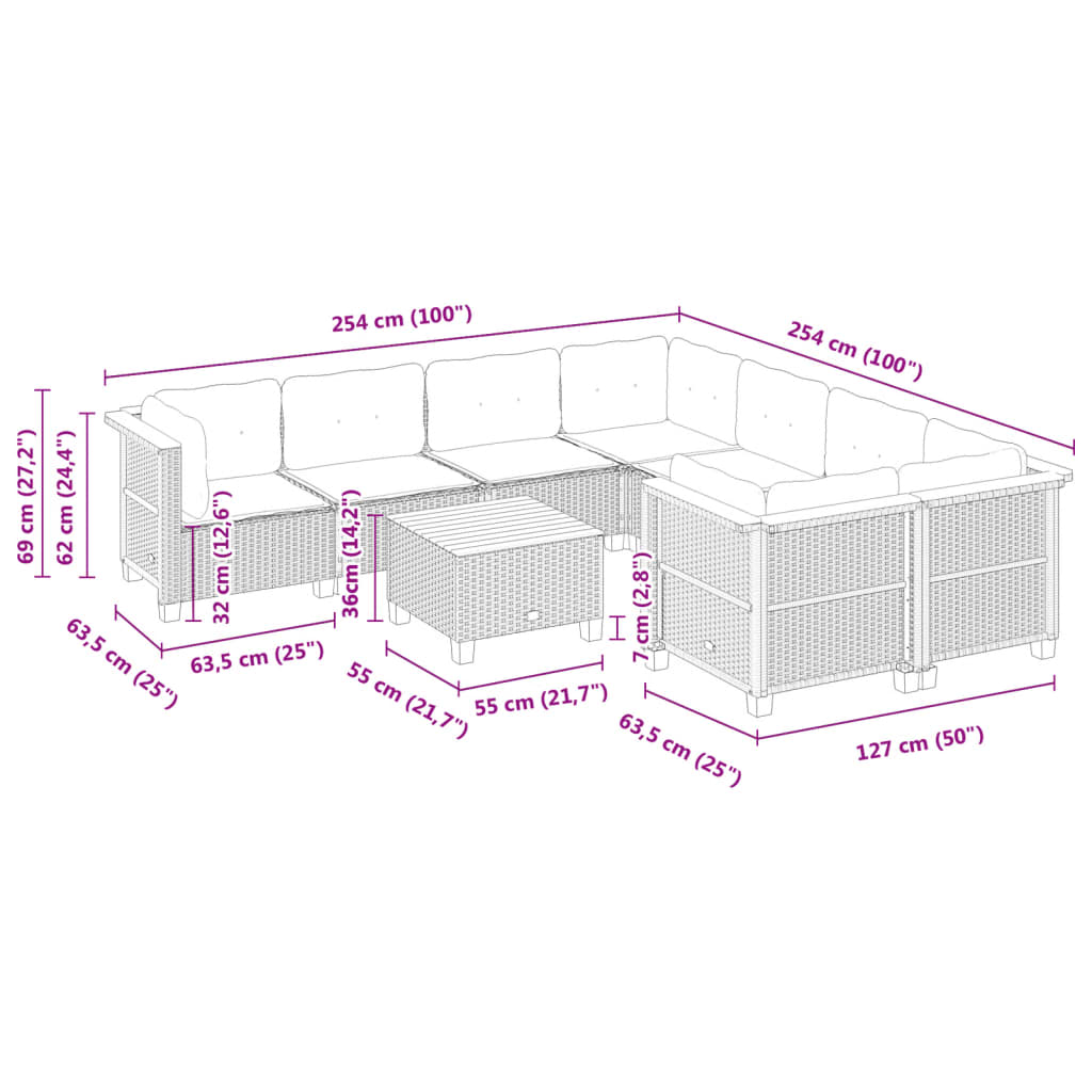 Set Divano da Giardino 9 pz con Cuscini Grigio in Polyrattan | homemem39