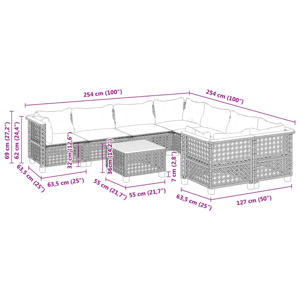 Set Divani da Giardino 9 pz con Cuscini Nero in Polyrattan | homemem39