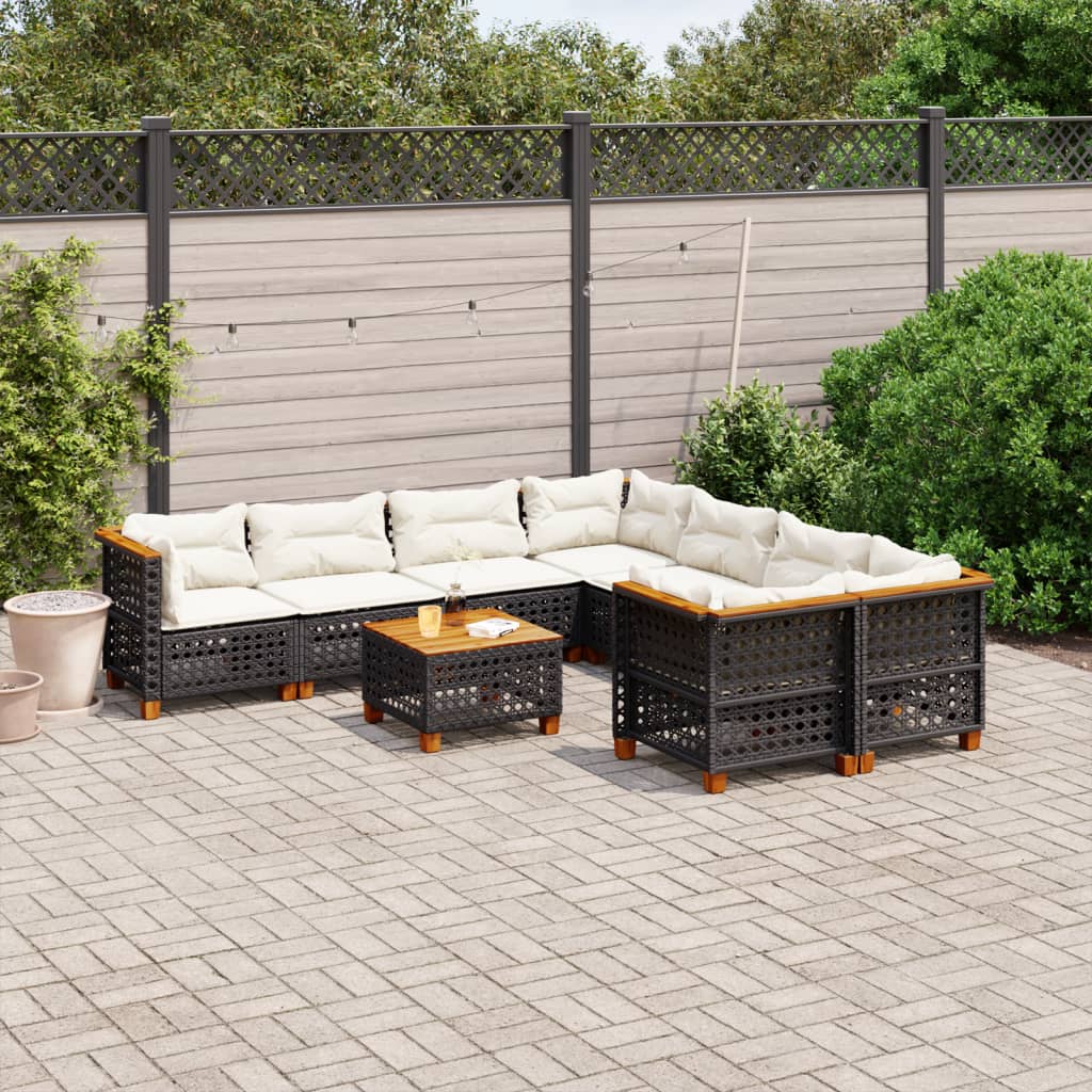 Set Divani da Giardino 9 pz con Cuscini Nero in Polyrattan - homemem39