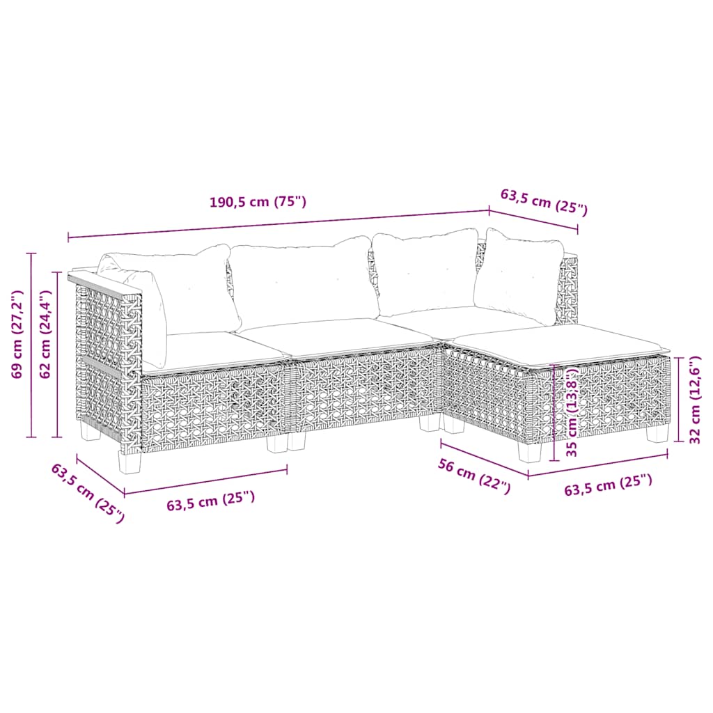 Set Divano da Giardino 4 pz con Cuscini Beige in Polyrattan