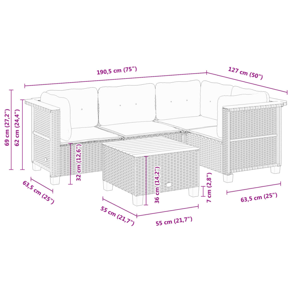 Set Divani da Giardino 5 pz con Cuscini in Polyrattan Nero | homemem39