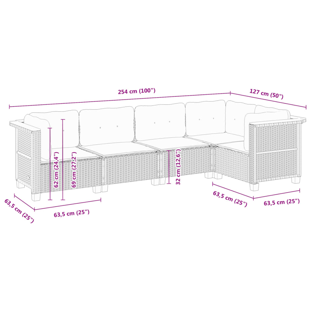 Set Divano da Giardino 5 pz con Cuscini Grigio in Polyrattan