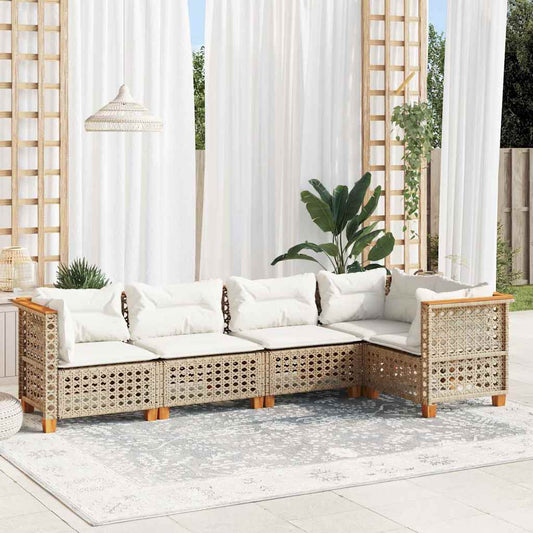 Set Divano da Giardino 5 pz con Cuscini Beige in Polyrattan