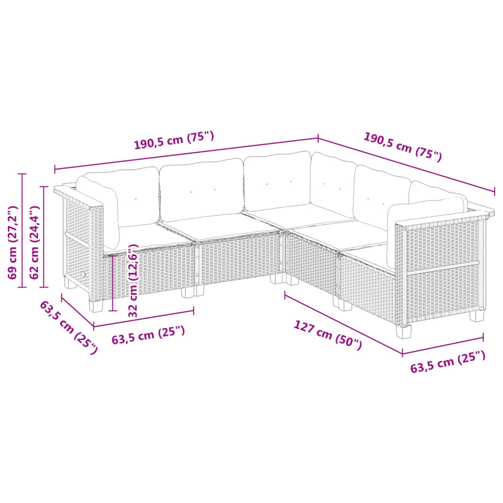 Set Divani da Giardino 5 pz con Cuscini in Polyrattan Nero | homemem39