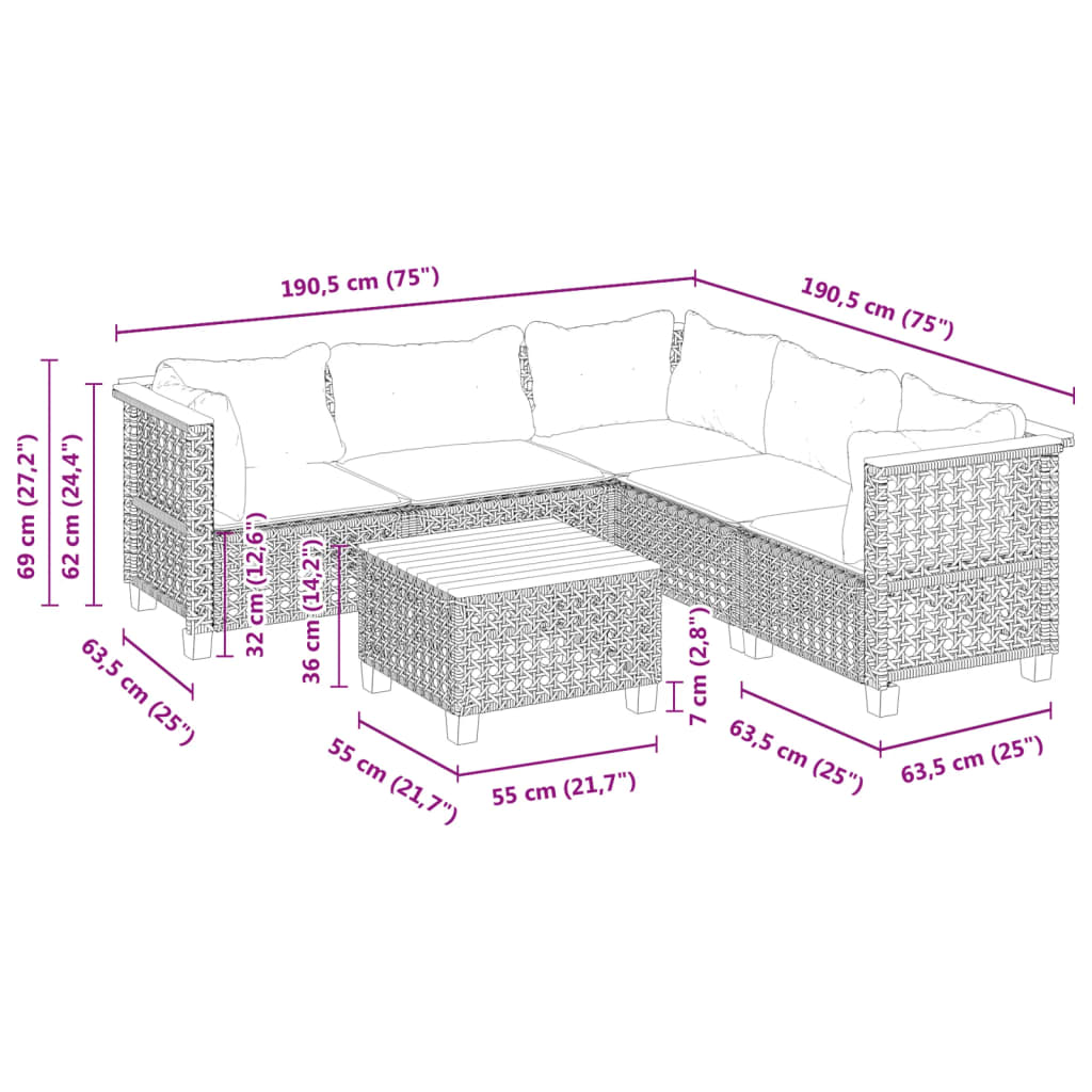 Set Divano da Giardino 6 pz con Cuscini Nero in Polyrattan | homemem39