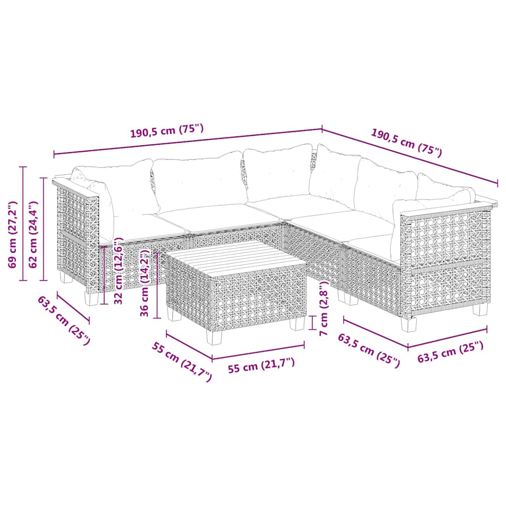 Set Divano da Giardino 6 pz con Cuscini Beige in Polyrattan