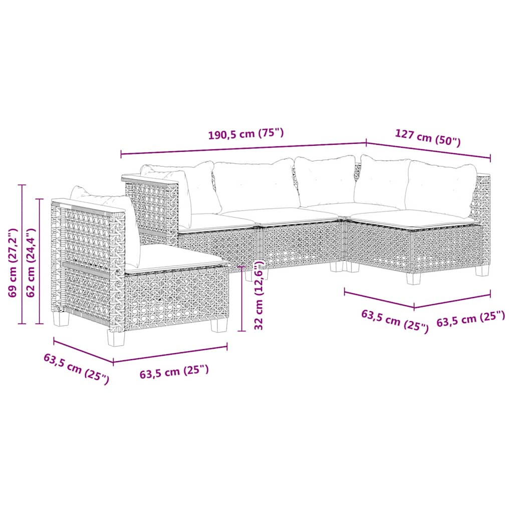 Set Divano da Giardino 5 pz con Cuscini Beige in Polyrattan | homemem39