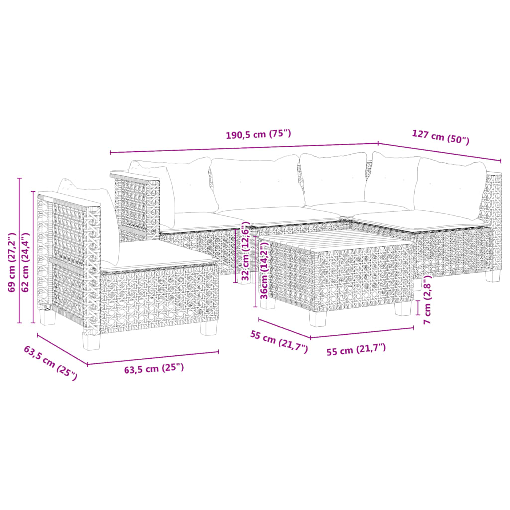 Set Divano da Giardino 6 pz con Cuscini Nero in Polyrattan | homemem39