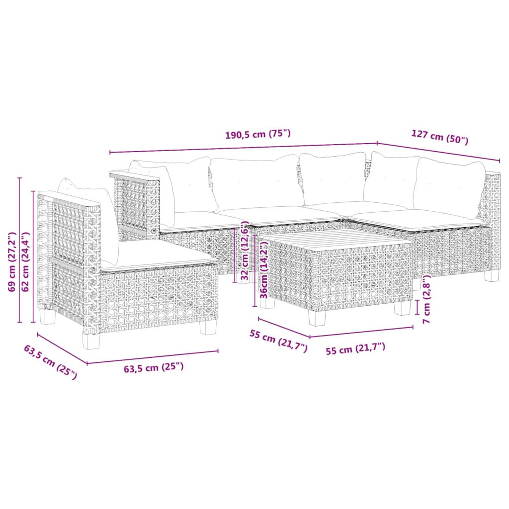 Set Divano da Giardino 6 pz con Cuscini Grigio in Polyrattan | homemem39