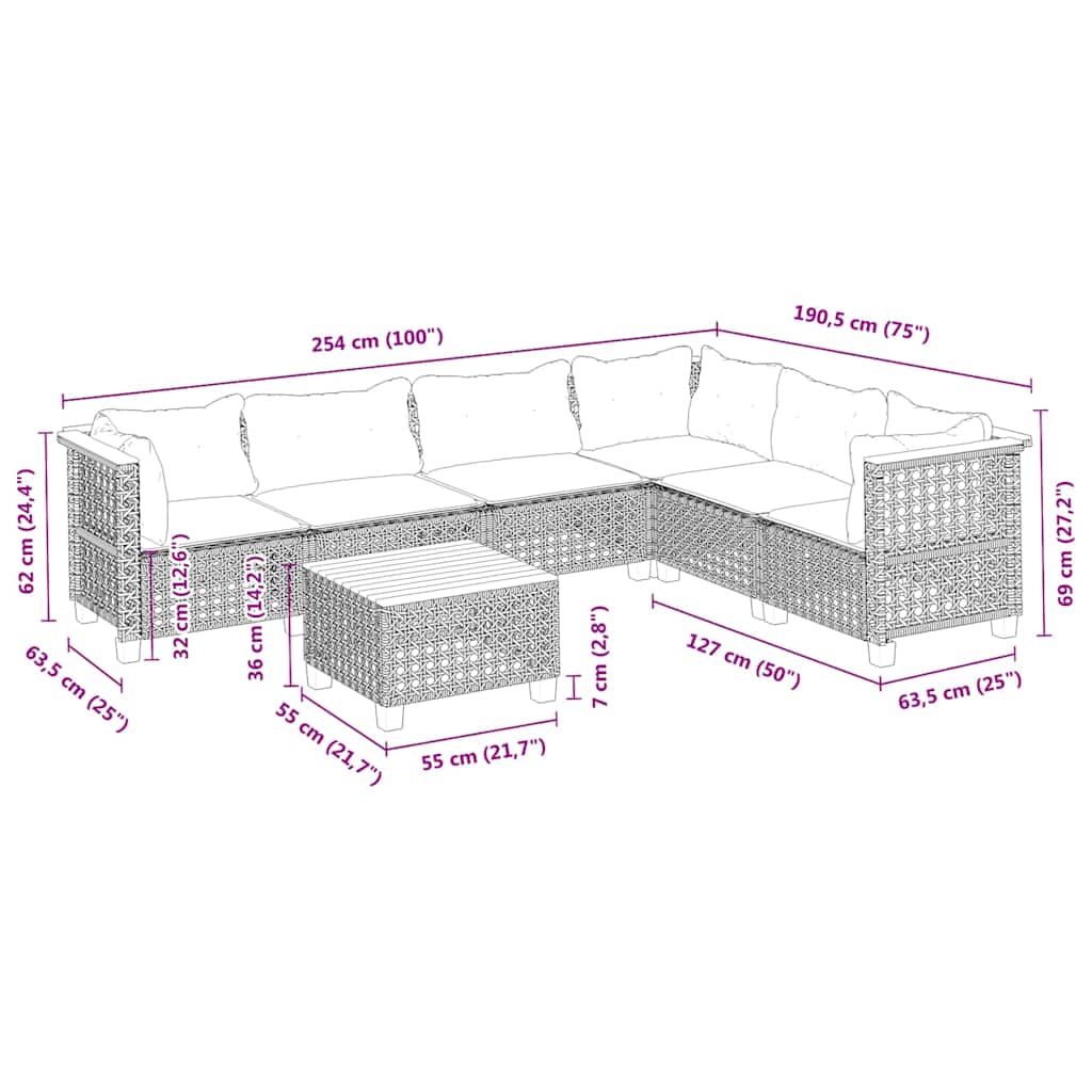 Set Divani da Giardino 7 pz con Cuscini Beige in Polyrattan