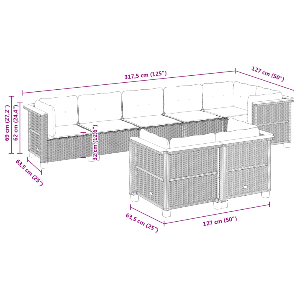 Set Divano da Giardino 8 pz con Cuscini Beige in Polyrattan - homemem39
