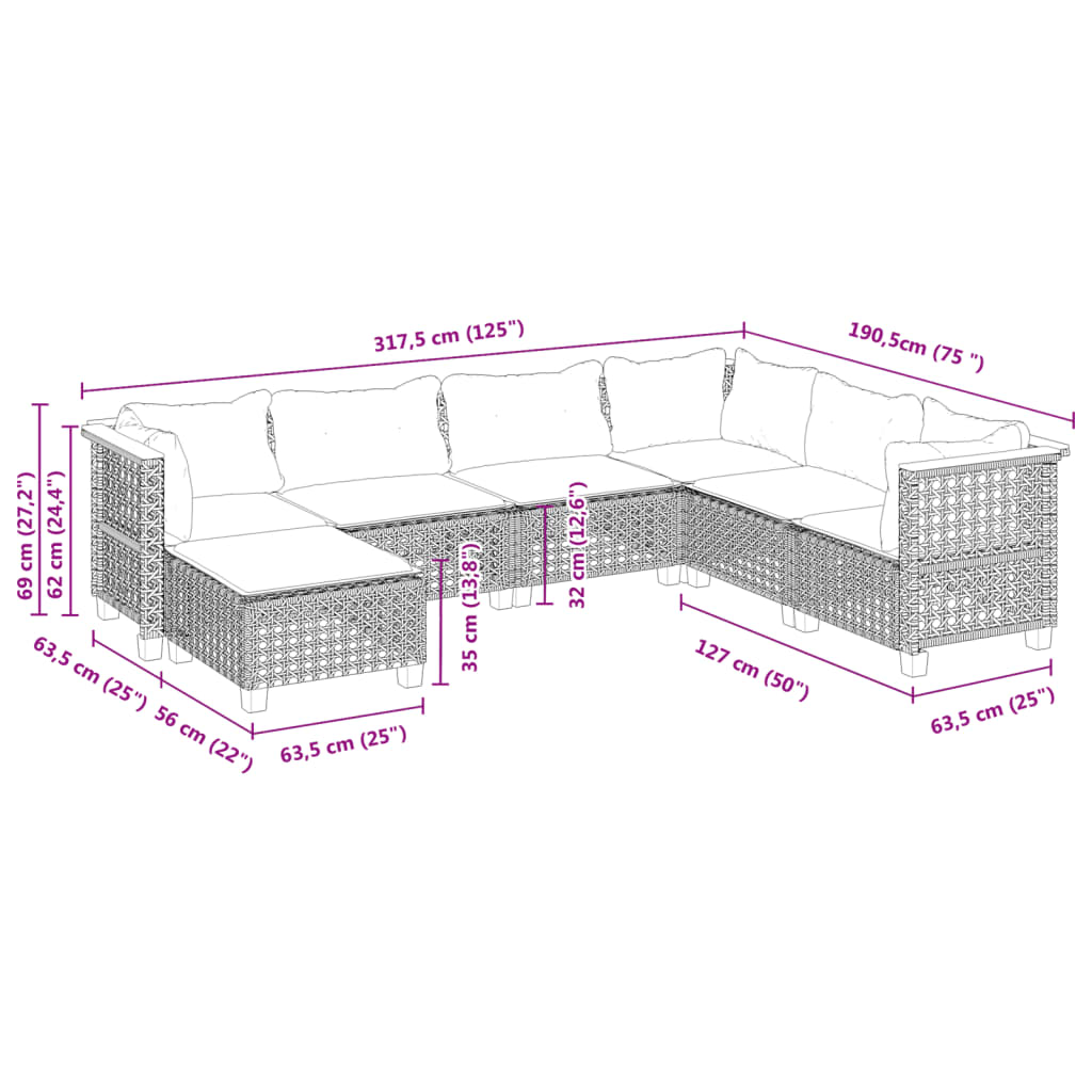 Set Divani da Giardino 7 pz con Cuscini Grigio in Polyrattan | homemem39