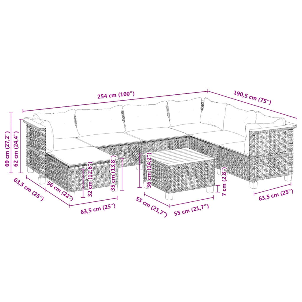 Set Divani da Giardino con Cuscini 8 pz Nero in Polyrattan | homemem39