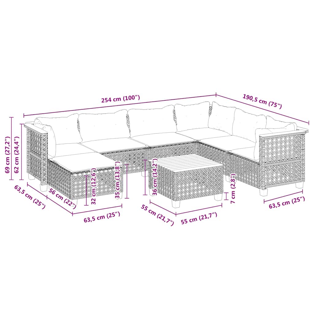 Set Divano da Giardino 8 pz con Cuscini Beige in Polyrattan | homemem39