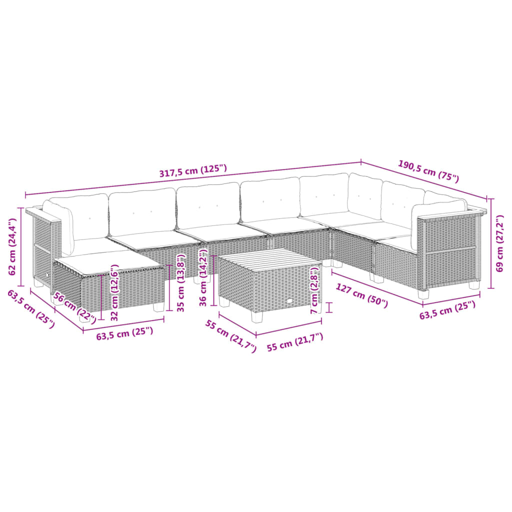 Set Divani da Giardino 9 pz con Cuscini Nero in Polyrattan | homemem39