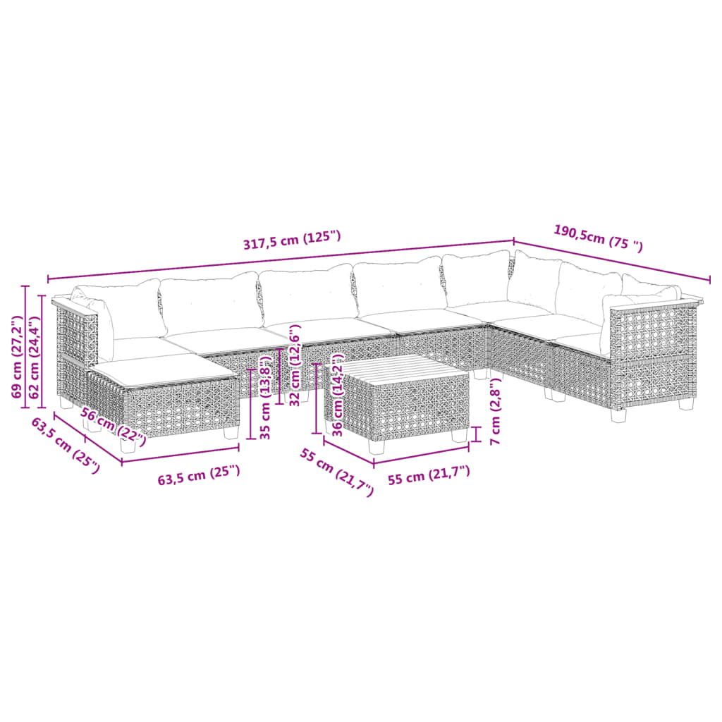 Set Divani da Giardino 9 pz con Cuscini Nero in Polyrattan | homemem39