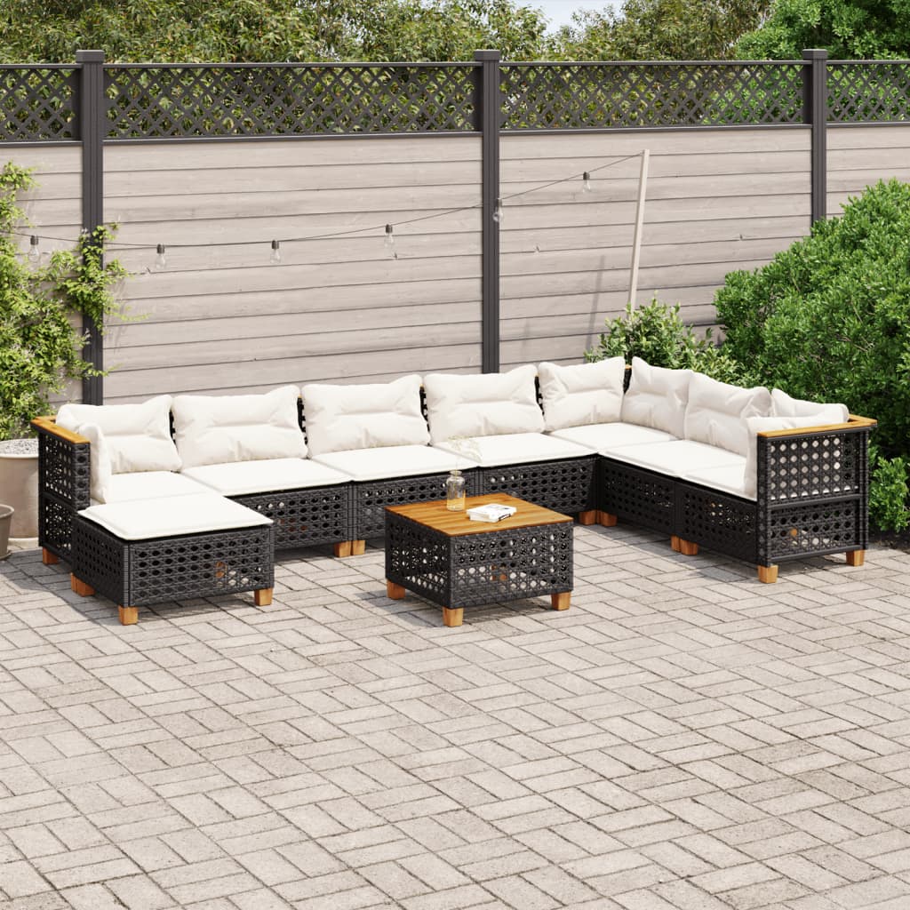 Set Divani da Giardino 9 pz con Cuscini Nero in Polyrattan - homemem39