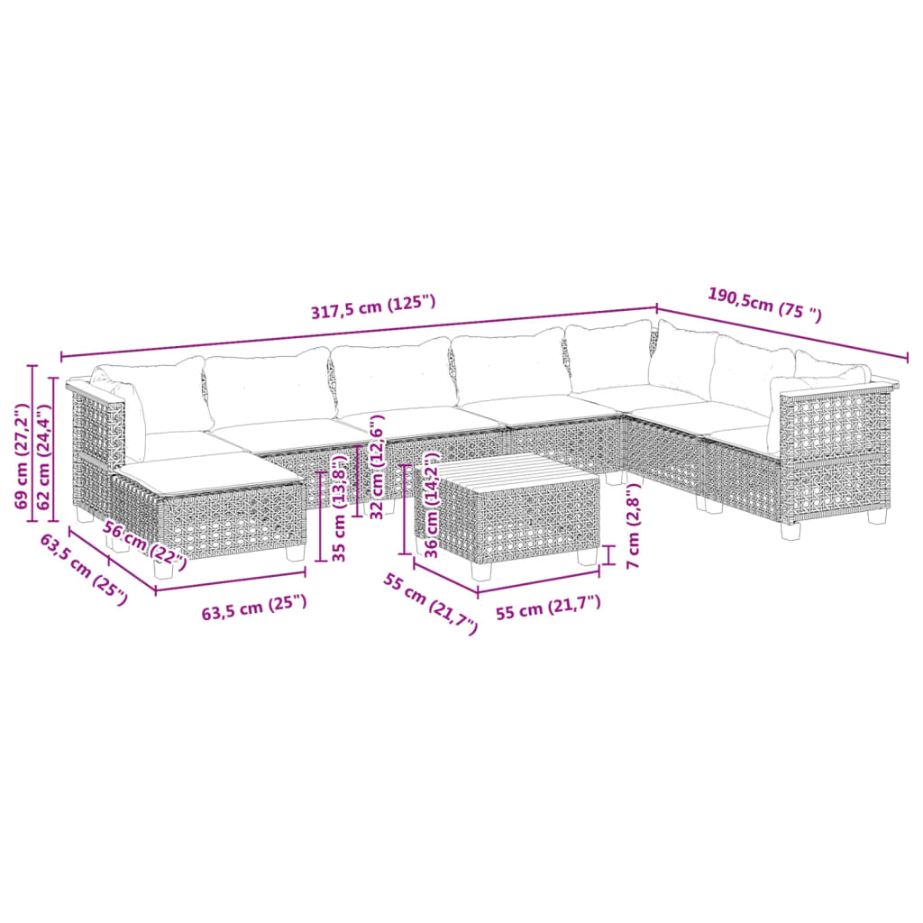 Set Divano da Giardino 9 pz con Cuscini Grigio in Polyrattan