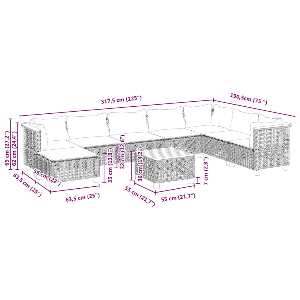 Set Divano da Giardino 9 pz con Cuscini Beige in Polyrattan | homemem39