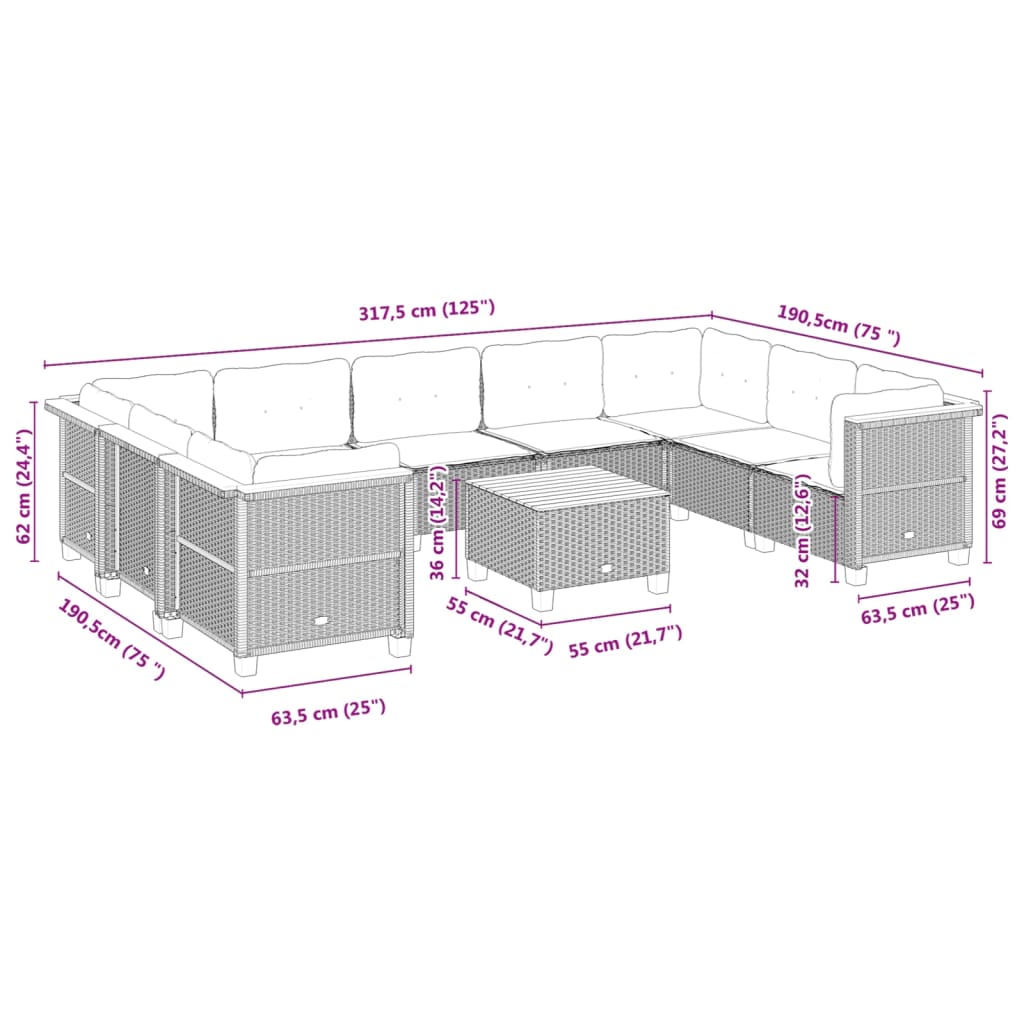 Set Divani da Giardino 10pz con Cuscini in Polyrattan Nero | homemem39