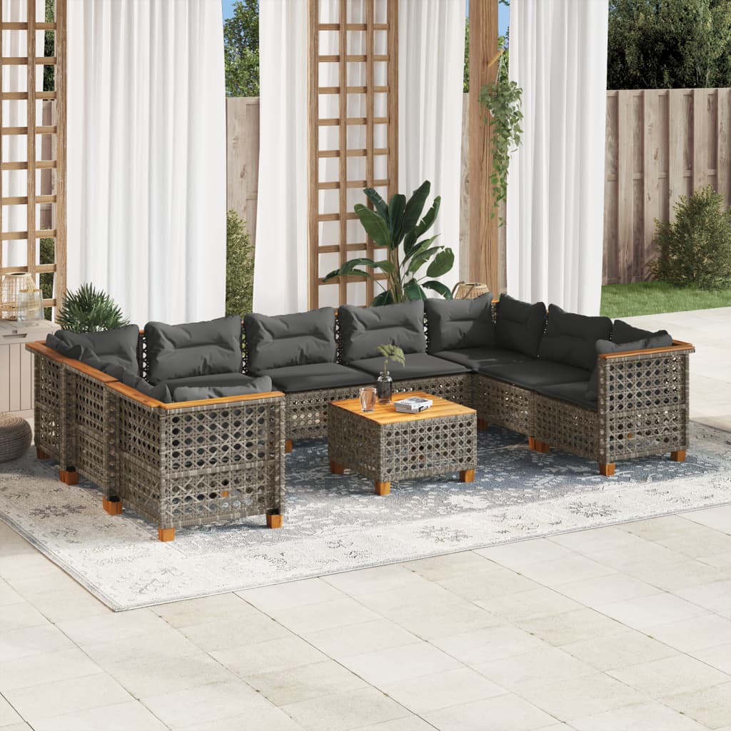 Set Divano da Giardino 10 pz con Cuscini Grigio in Polyrattan - homemem39