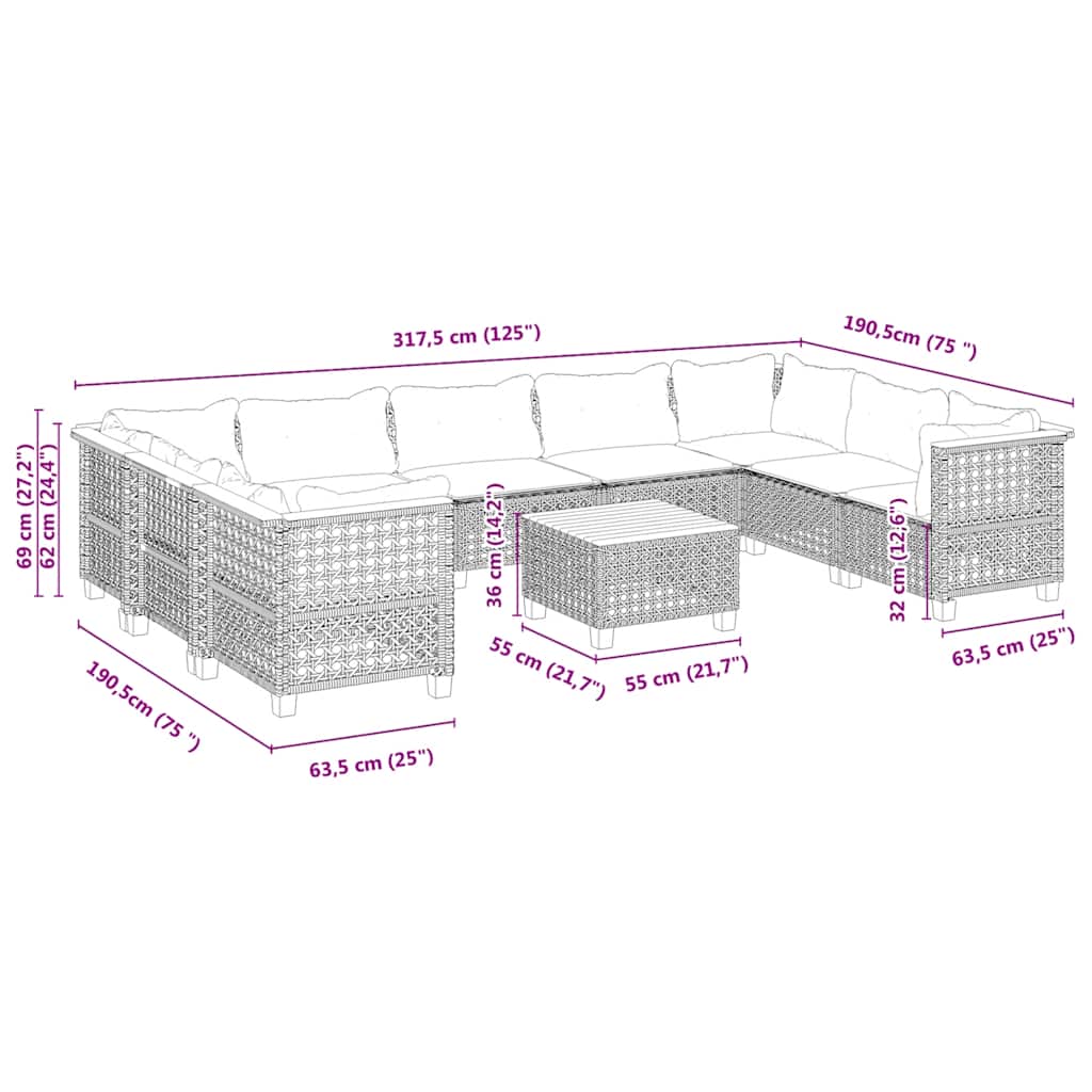 Set Divano da Giardino 10 pz con Cuscini Beige in Polyrattan