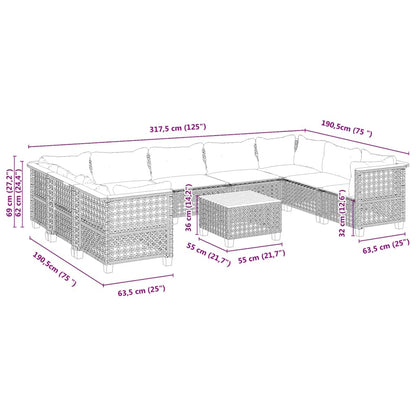 Set Divano da Giardino 10 pz con Cuscini Beige in Polyrattan