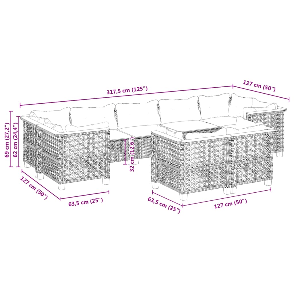 Set Divano da Giardino 9 pz con Cuscini Grigio in Polyrattan | homemem39