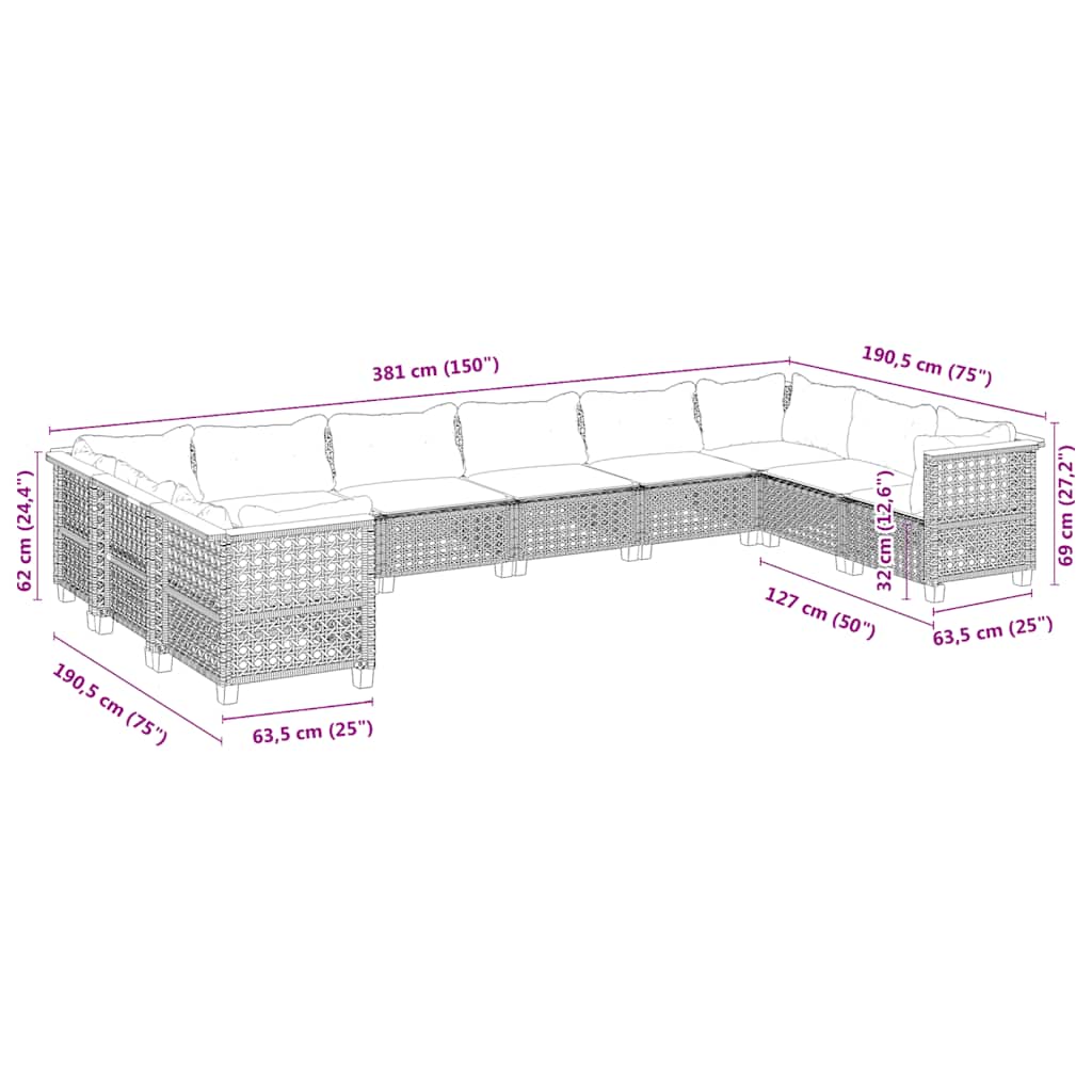 Set Divano da Giardino 10 pz con Cuscini Beige in Polyrattan | homemem39