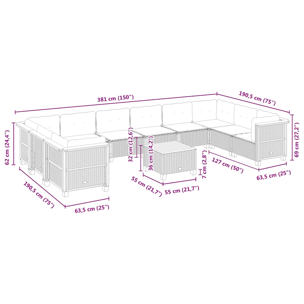 Set Divani da Giardino 11 pz con Cuscini Beige in Polyrattan | homemem39