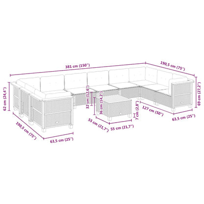 Set Divani da Giardino 11 pz con Cuscini Beige in Polyrattan | homemem39