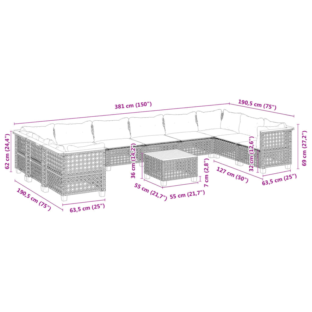 Set Divani da Giardino 11 pz con Cuscini in Polyrattan Nero | homemem39
