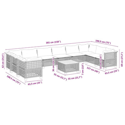 Set Divani da Giardino 11 pz con Cuscini Beige in Polyrattan