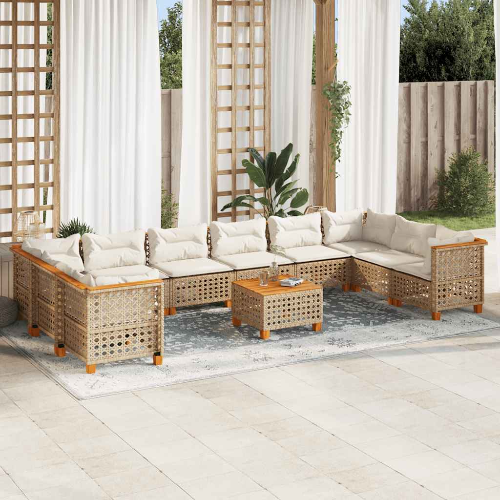 Set Divani da Giardino 11 pz con Cuscini Beige in Polyrattan