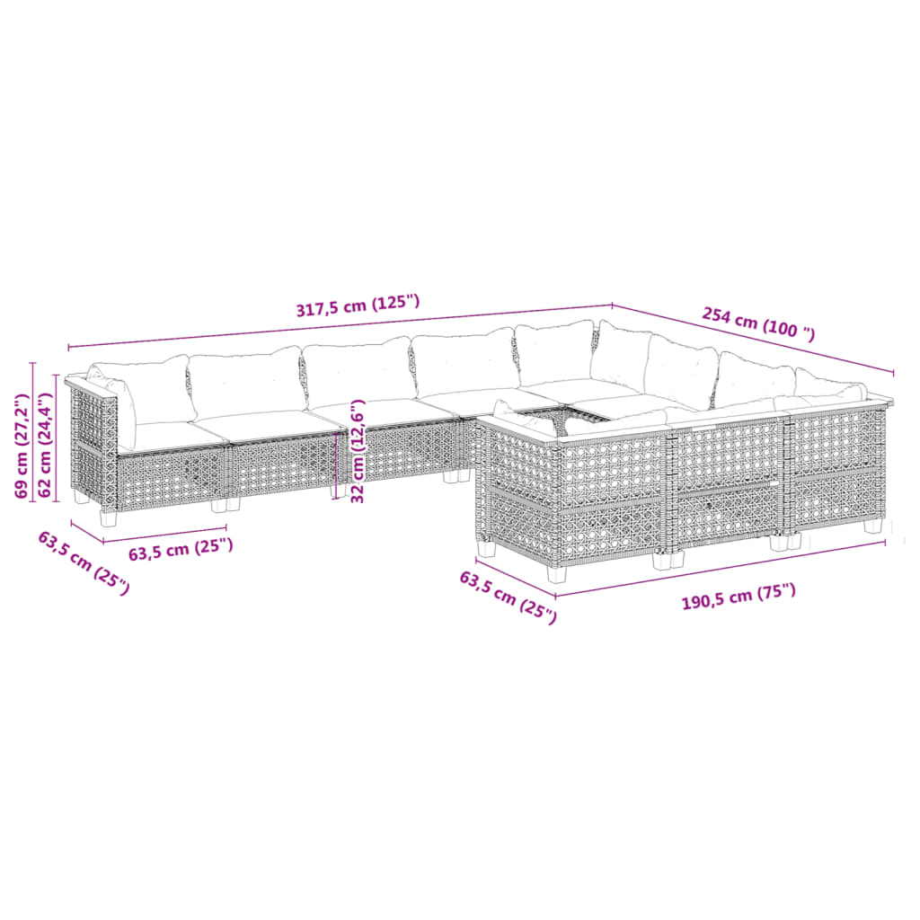 Set Divano da Giardino 10 pz con Cuscini Grigio in Polyrattan | homemem39