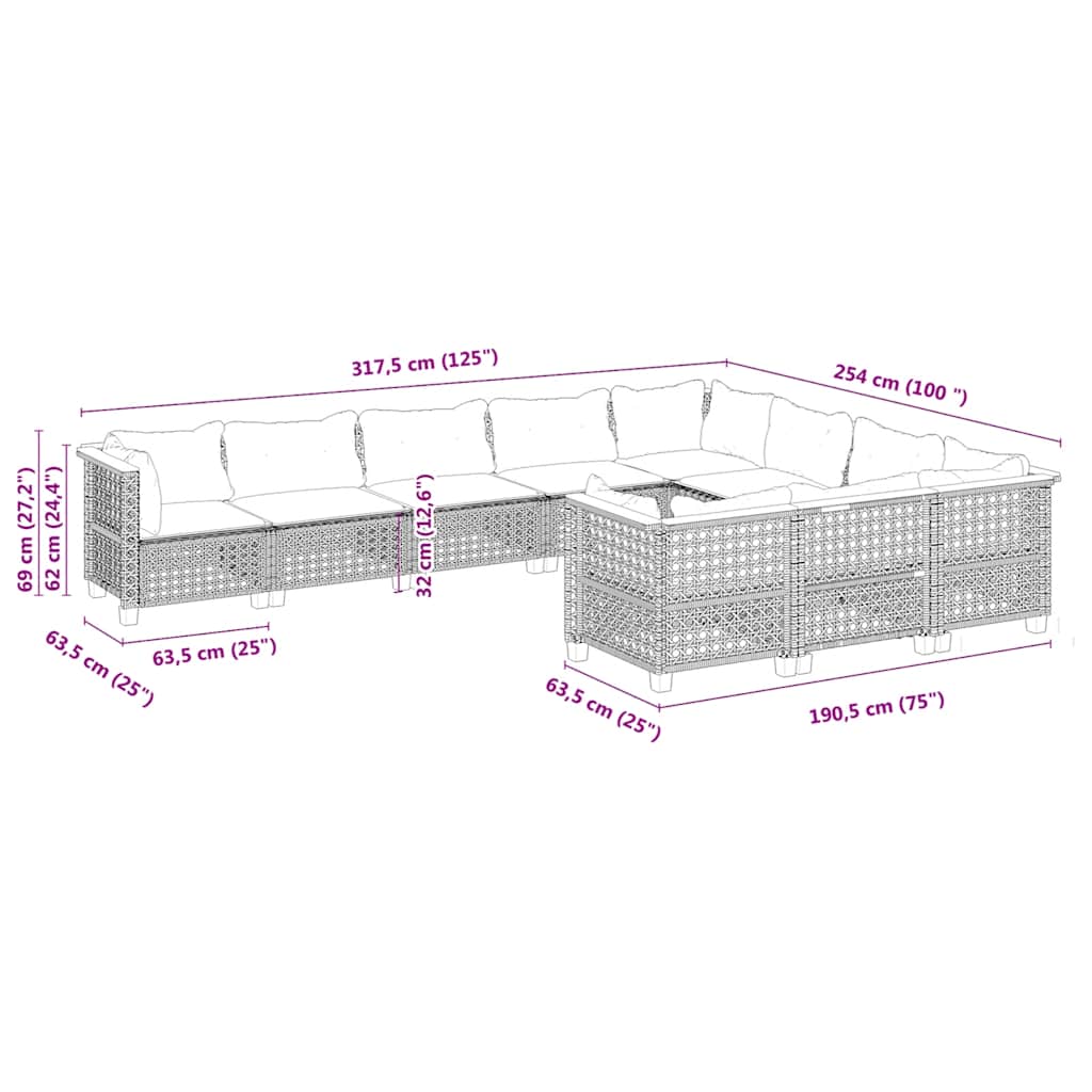 Set Divano da Giardino 10 pz con Cuscini Beige in Polyrattan | homemem39