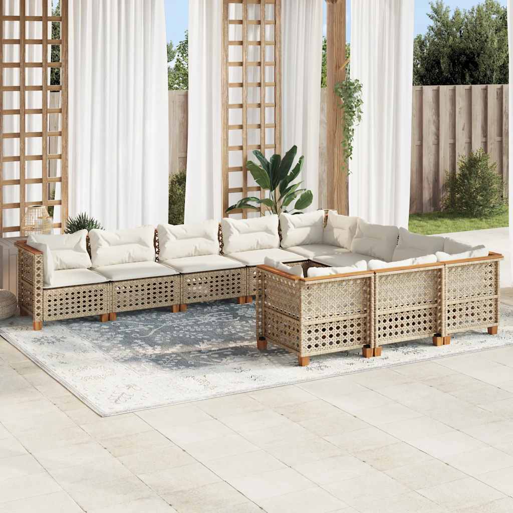 Set Divano da Giardino 10 pz con Cuscini Beige in Polyrattan