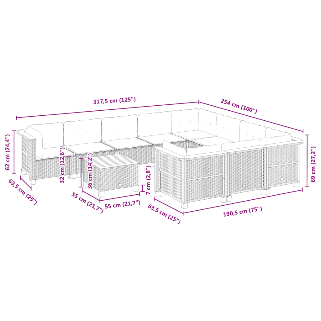 Set Divani da Giardino 11 pz con Cuscini in Polyrattan Nero | homemem39