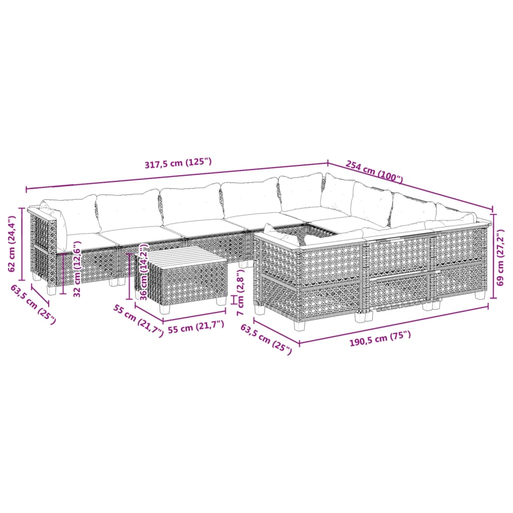 Set Divani da Giardino 11 pz con Cuscini in Polyrattan Nero | homemem39
