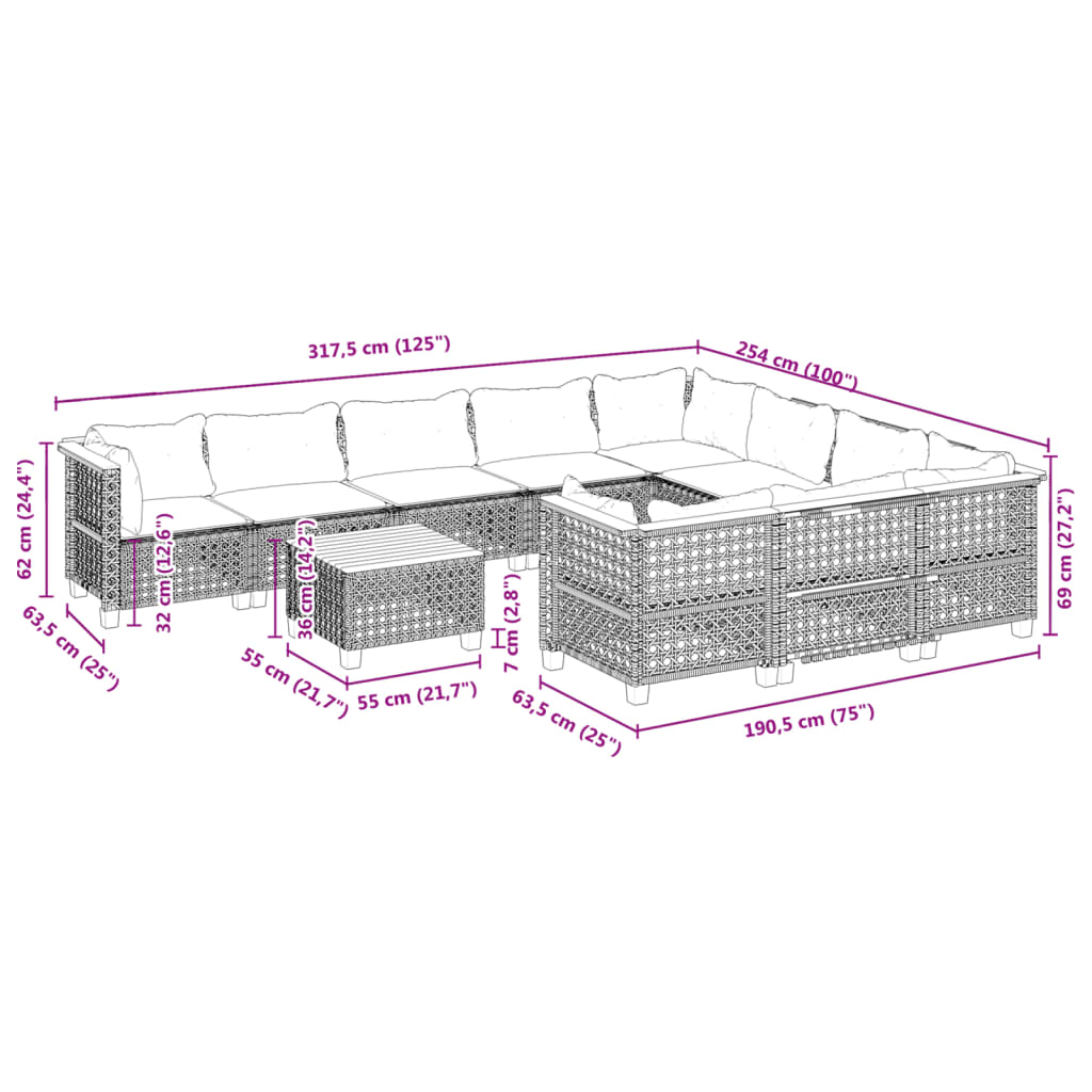 Set Divani da Giardino 11 pz con Cuscini in Polyrattan Grigio | homemem39