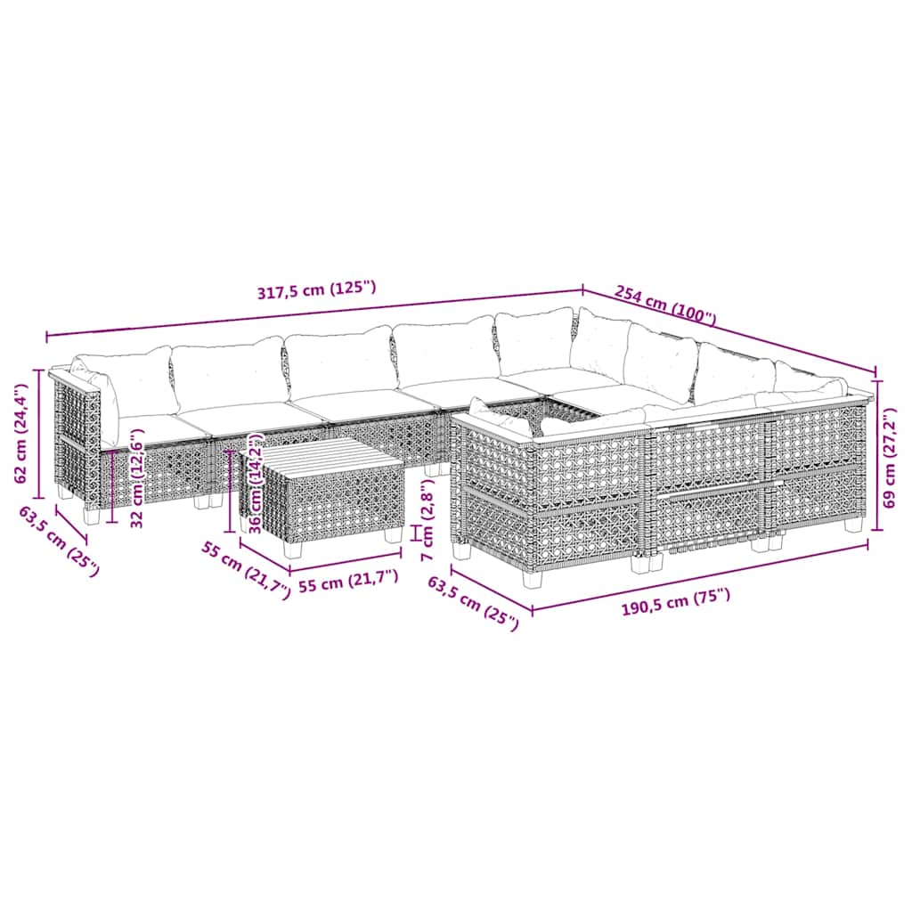Set Divani da Giardino 11 pz con Cuscini Beige in Polyrattan | homemem39