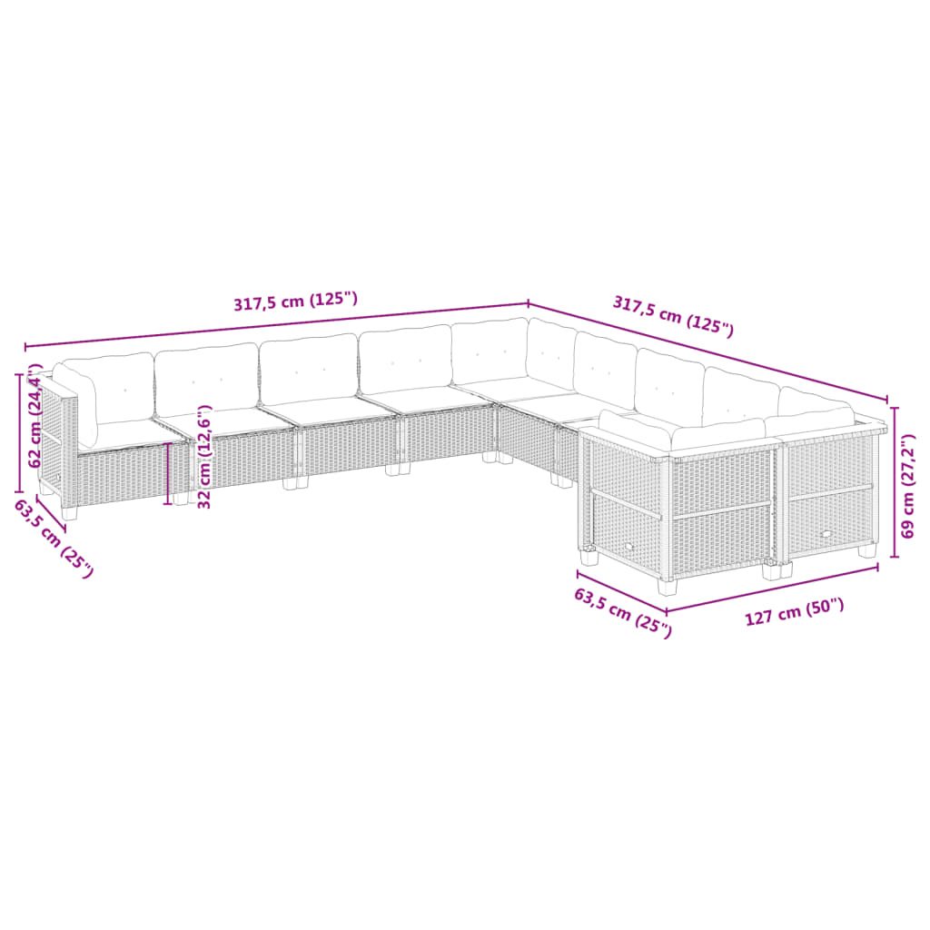 Set Divano da Giardino 10 pz con Cuscini Beige in Polyrattan | homemem39
