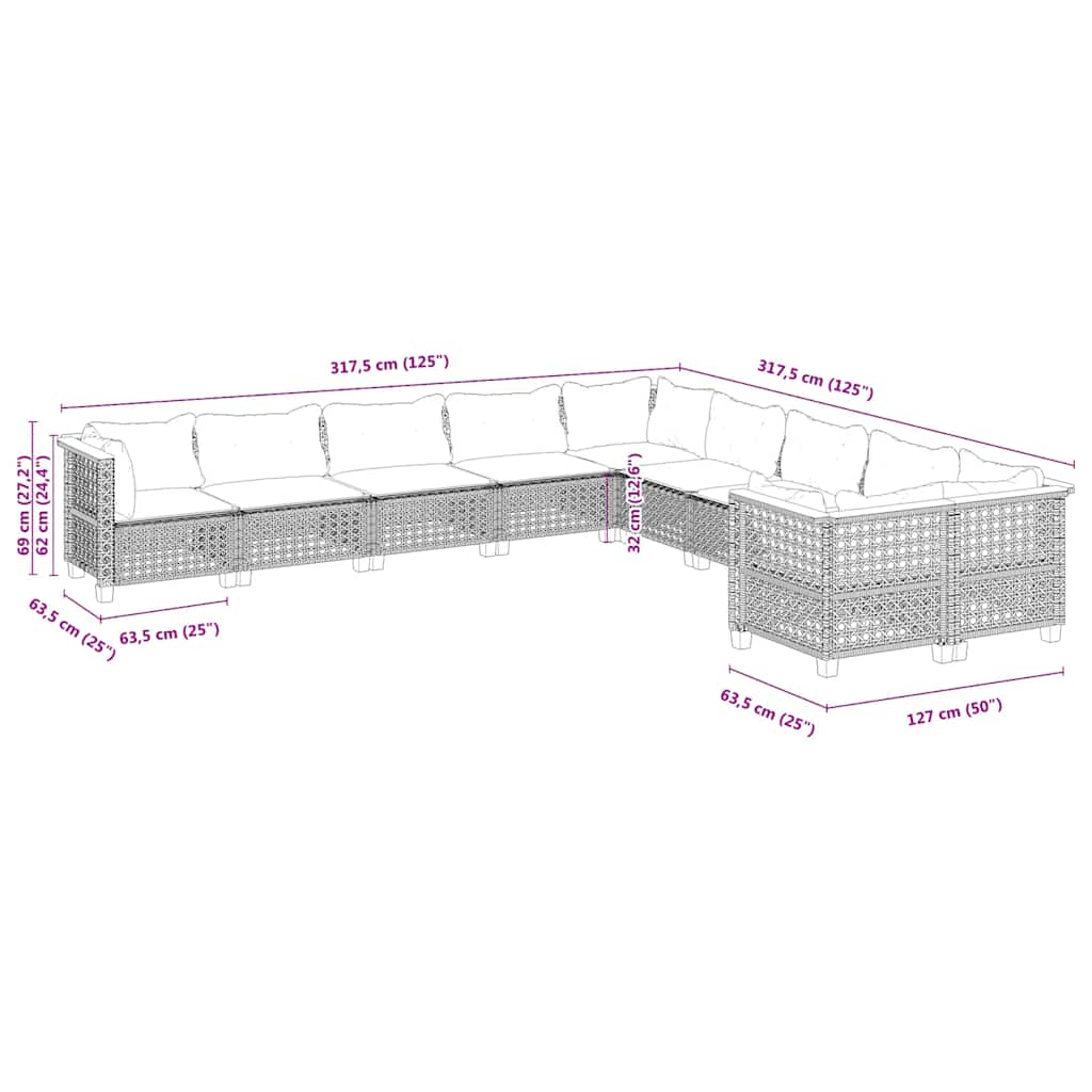 Set Divano da Giardino 10 pz con Cuscini Beige in Polyrattan